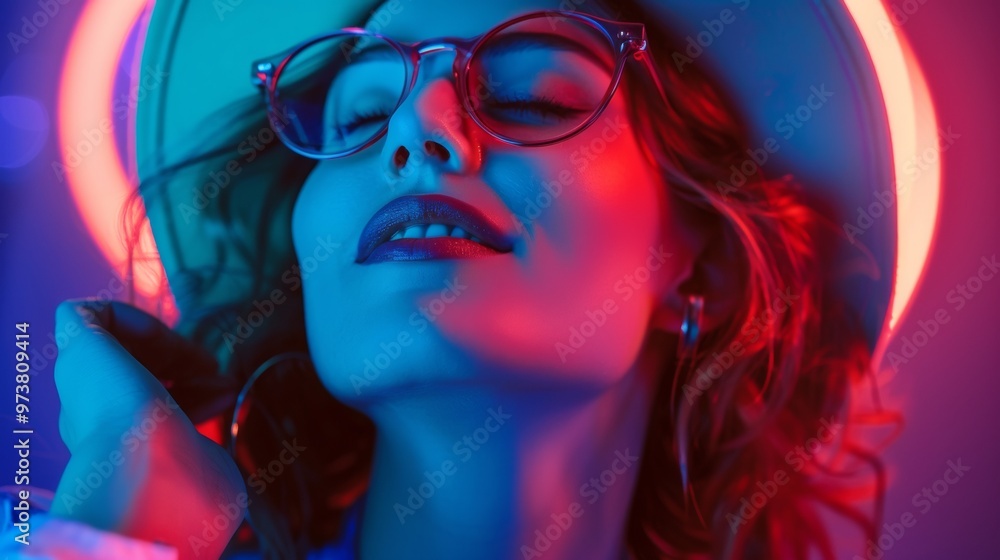 beautiful woman with glasses with neon lights beautiful woman with glasses with neon lights
