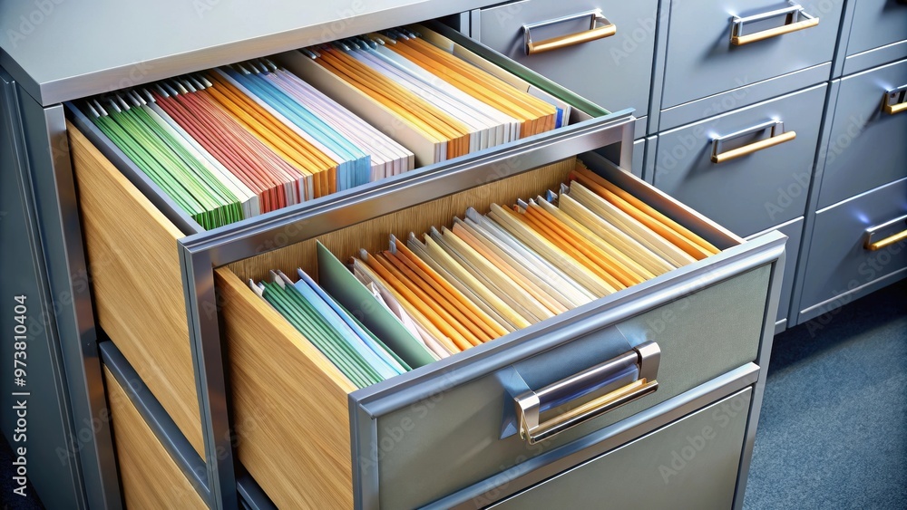 A neat and organized filing cabinet filled with important documents, filing cabinet, organization, paperwork A neat and organized filing cabinet filled with important documents, filing cabinet, organization, paperwork