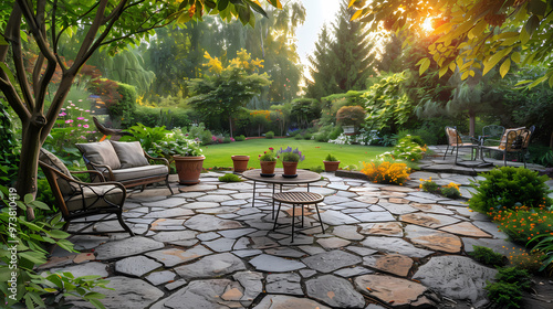 Done viwe circular garden patio with freshly jet washed paving stones