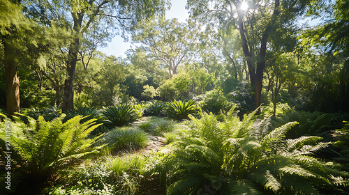 A dense bushland with a variety of Australian native plants, including ferns and shrubs, thriving in a natural habitat 