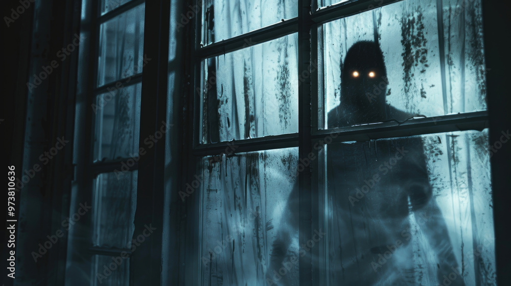 Ghostly figure with glowing eyes staring through a frosted window Ghostly figure with glowing eyes staring through a frosted window