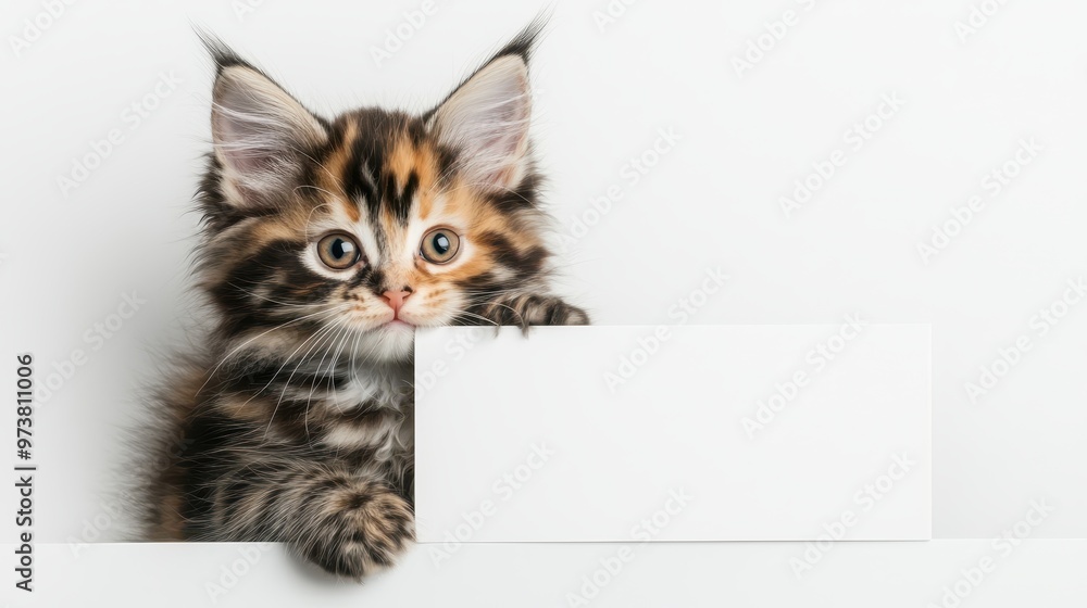 Cute Maine Coon Kitten Holding Blank Sign Cute Maine Coon Kitten Holding Blank Sign