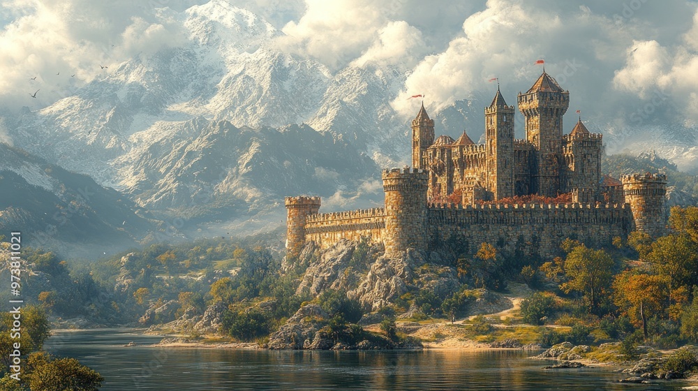 Majestic castle surrounded by mountains and a serene river. Majestic castle surrounded by mountains and a serene river.