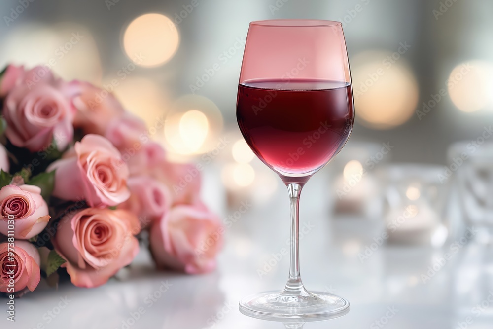 Glass of red wine standing on table with bouquet of roses and romantic candle lighting in the background Glass of red wine standing on table with bouquet of roses and romantic candle lighting in the background