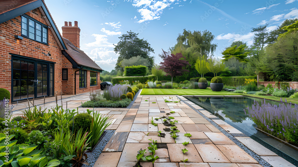 Fototapeta premium Done viwe Hard landscaping, new luxury stone patio and garden of an English home