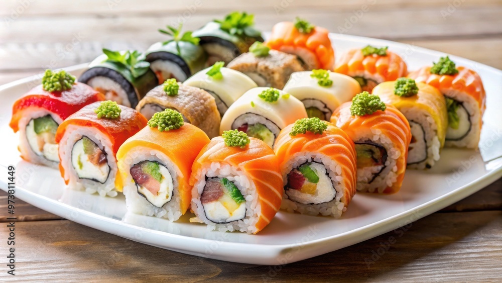Plate of assorted sushi rolls on a white plate , Japanese cuisine, raw fish, traditional food, Asian cuisine Plate of assorted sushi rolls on a white plate , Japanese cuisine, raw fish, traditional food, Asian cuisine