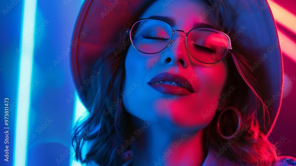 beautiful woman with glasses with neon lights beautiful woman with glasses with neon lights