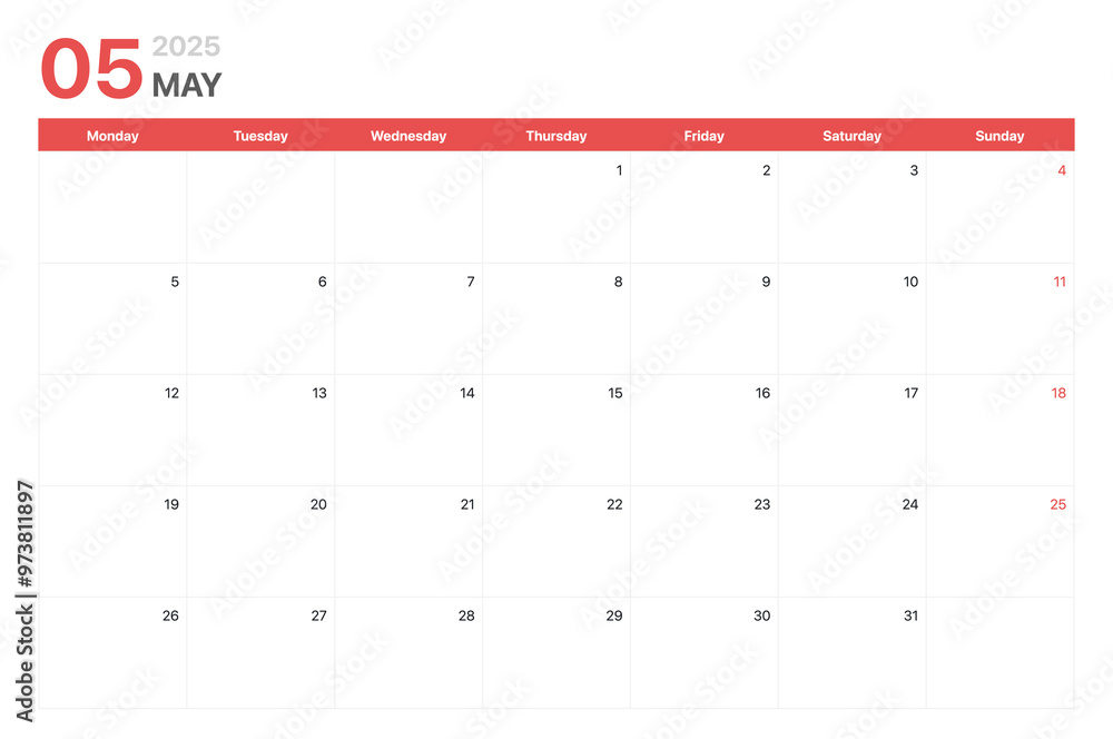 Calendar 2025. Calendar week 2025 starts on Monday. Corporate minimalist clean calendar for May 2025
