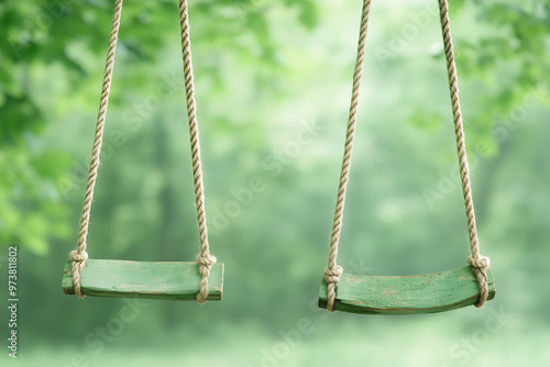 Wooden swings hanging from ropes in a tranquil green forest setting on a sunny day