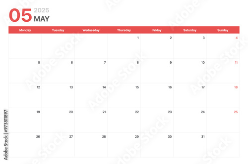 Obraz na płótnie Calendar 2025. Calendar week 2025 starts on Monday. Corporate minimalist clean calendar for May 2025 w salonie