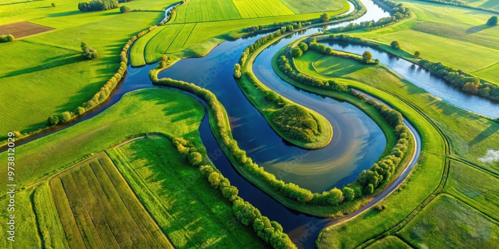Aerial view of two winding water bodies in green fields, aerial view, landscape, water bodies, winding, green fields Aerial view of two winding water bodies in green fields, aerial view, landscape, water bodies, winding, green fields