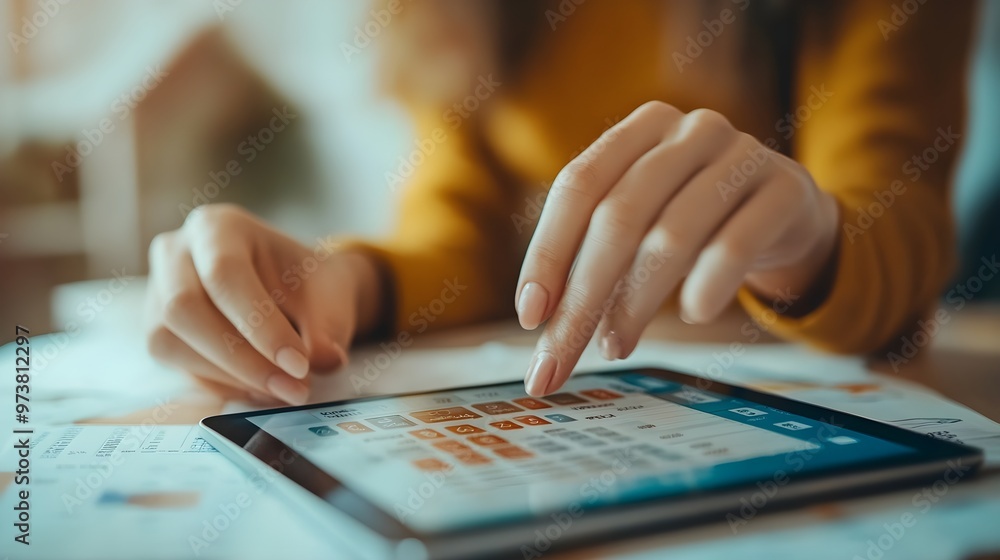 Close-up of a tablet screen showing a mortgage refinancing calculator, with hands tapping to adjust figures, sleek modern interface Close-up of a tablet screen showing a mortgage refinancing calculator, with hands tapping to adjust figures, sleek modern interface