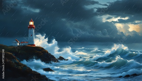 Lighthouse beacon illuminating turbulent waves beneath a foreboding stormy sky photo