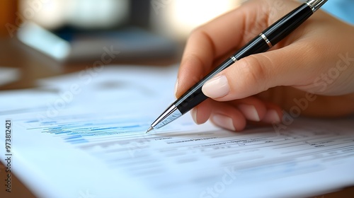 Close-up of hands signing a refinance agreement, detailed financial charts and loan documents in the background, stylish pen and modern office vibe