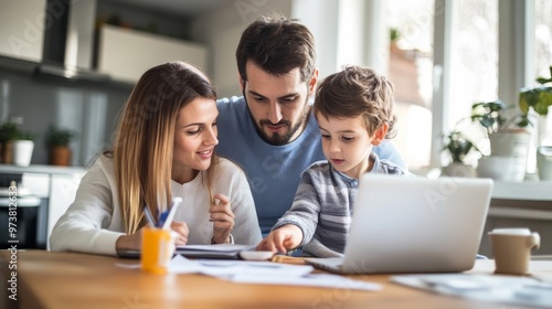 Obraz na płótnie Family discussing mortgage refinancing options at home, responsible financial decisions w salonie