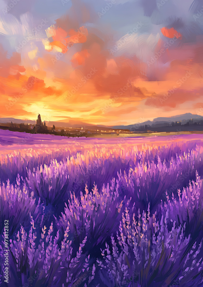 Obraz premium Beautiful Lavender Field at Sunset: High-Resolution Digital Art for Greeting Cards, Invitations, or Banners Celebrating Summer or Seasonal Events