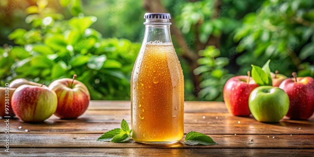 A delicate glass bottle of apple juice collects dewy condensation on a rustic wooden table, its contents a A delicate glass bottle of apple juice collects dewy condensation on a rustic wooden table, its contents a