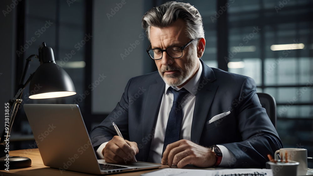 Mature Middle-Aged Professional Businessman Executive Working in Office, Using Laptop and Writing Notes, Focused on Task, Corporate Professional Engaged in Business Strategy and Planning at Work Mature Middle-Aged Professional Businessman Executive Working in Office, Using Laptop and Writing Notes, Focused on Task, Corporate Professional Engaged in Business Strategy and Planning at Work