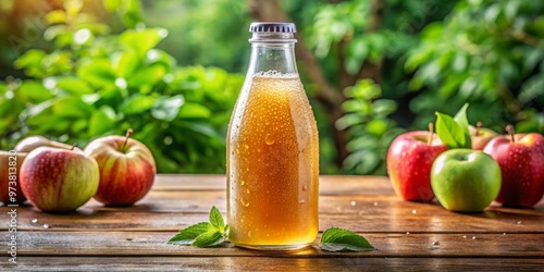 A delicate glass bottle of apple juice collects dewy condensation on a rustic wooden table, its contents a