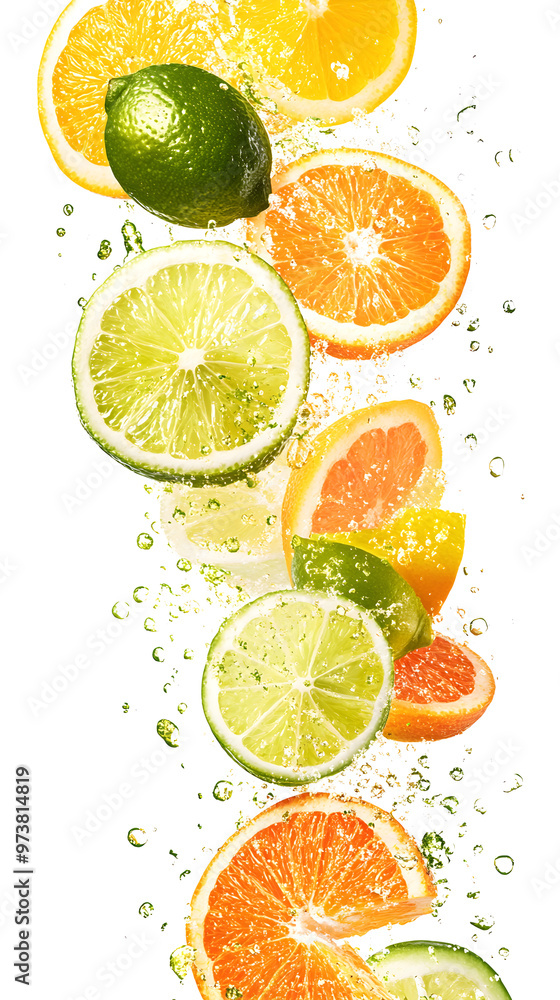 A combination of orange, lemon, and lime slices falling together A combination of orange, lemon, and lime slices falling together