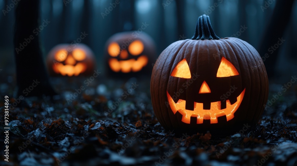 Glowing Jack O Lantern in Dark Forest Glowing Jack O Lantern in Dark Forest