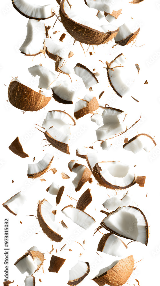 Rough, chunky slices of coconut falling Rough, chunky slices of coconut falling