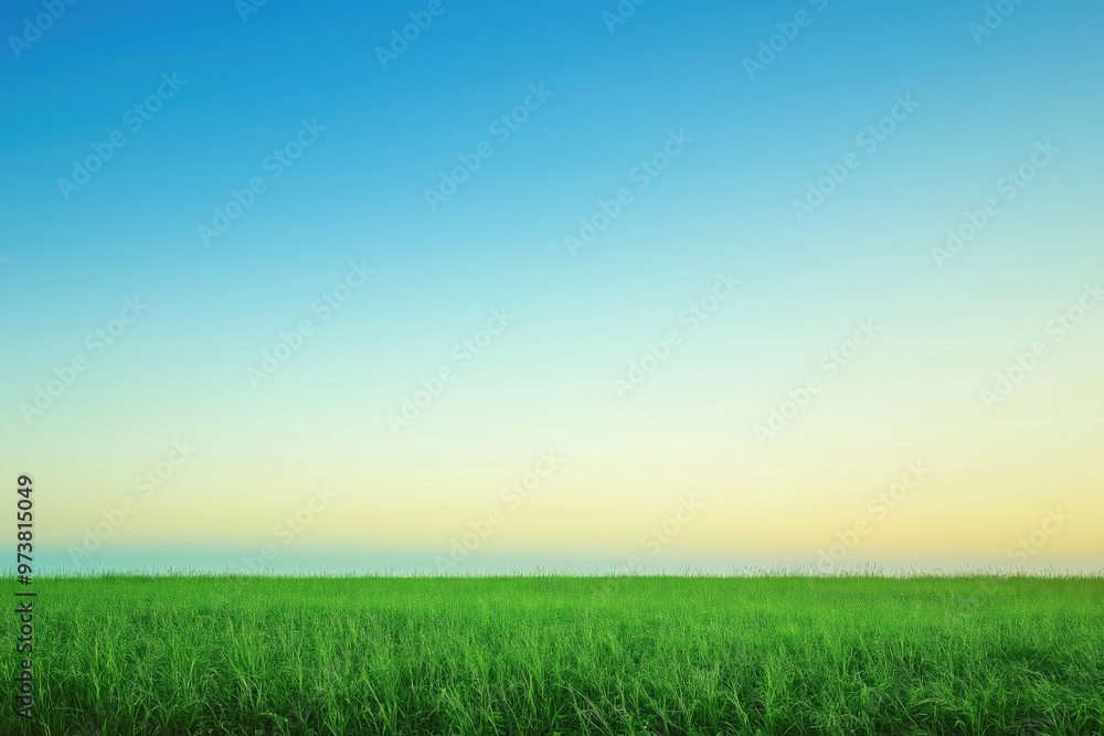 Green grass field meeting blue sky at sunset creating gradient Green grass field meeting blue sky at sunset creating gradient