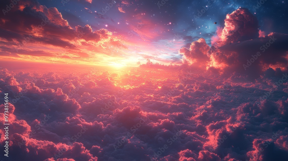 Fototapeta premium Dramatic Sunset Clouds over Starlink Satellite Constellations in the Vast Cosmic Sky