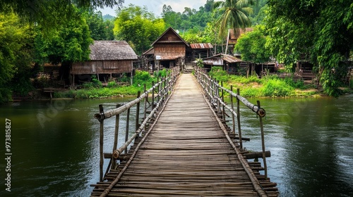 An ancient Thai bridge made of bamboo and wood, crossing a slow-moving river, with old wooden houses in the distance.