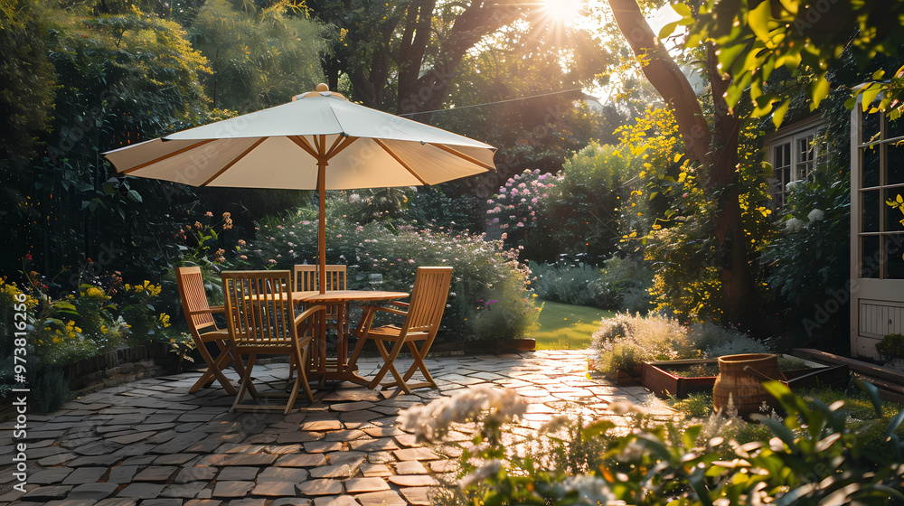 Obraz premium Done viwe London garden in summer with patio, wooden garden furniture and a parasol or sun umbrella