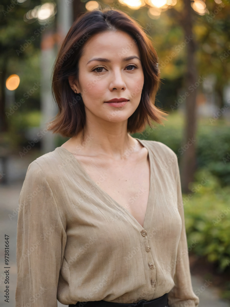 A stunning 40-year-old woman is captured in a half-body shot, wearing an elegant top. Her flawless features stand out against a natural background with warm, soft lighting, creating a serene A stunning 40-year-old woman is captured in a half-body shot, wearing an elegant top. Her flawless features stand out against a natural background with warm, soft lighting, creating a serene