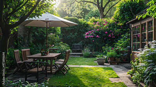 Done viwe London garden in summer with patio, wooden garden furniture and a parasol or sun umbrella