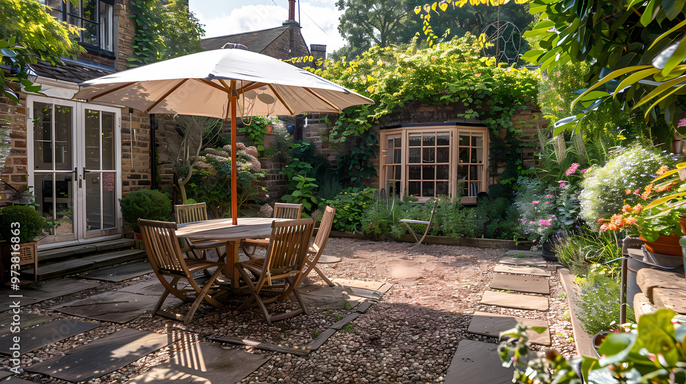 Obraz premium Done viwe London garden in summer with patio, wooden garden furniture and a parasol or sun umbrella