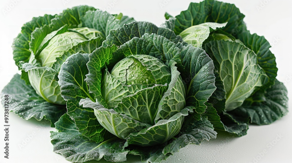 Closeup of three fresh green cabbages on a white background. Closeup of three fresh green cabbages on a white background.