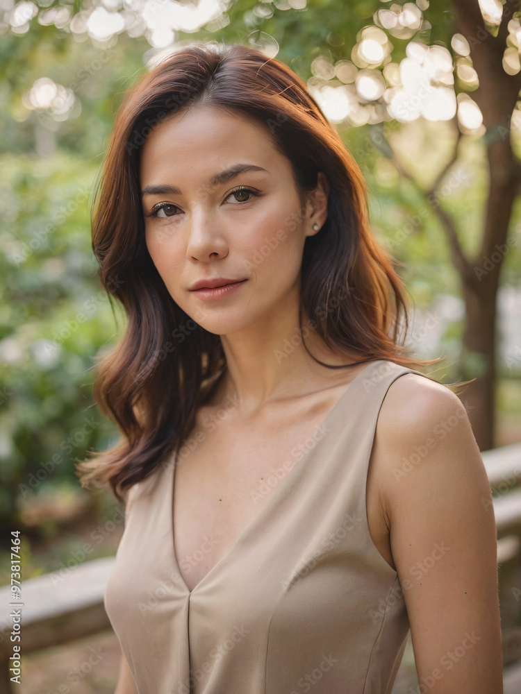 A beautiful 40-year-old woman stands gracefully in a half-body shot, wearing an elegant top. Captured in a natural outdoor setting, her flawless features are accentuated by soft, natural lighting, cre A beautiful 40-year-old woman stands gracefully in a half-body shot, wearing an elegant top. Captured in a natural outdoor setting, her flawless features are accentuated by soft, natural lighting, cre