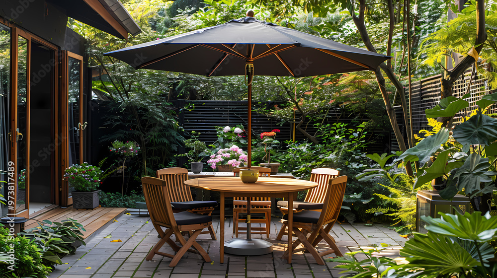 Fototapeta premium Done viwe London garden in summer with patio, wooden garden furniture and a parasol or sun umbrella