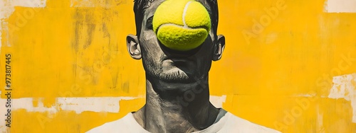 A man's face is partially covered by a tennis ball, against a yellow and white background.