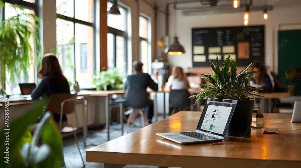 Open office with people working on laptops, and a coffee Open office with people working on laptops, and a coffee