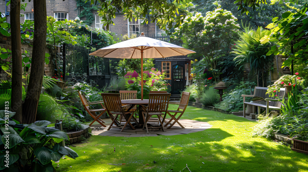 Done viwe London garden in summer with patio, wooden garden furniture and a parasol or sun umbrella Done viwe London garden in summer with patio, wooden garden furniture and a parasol or sun umbrella