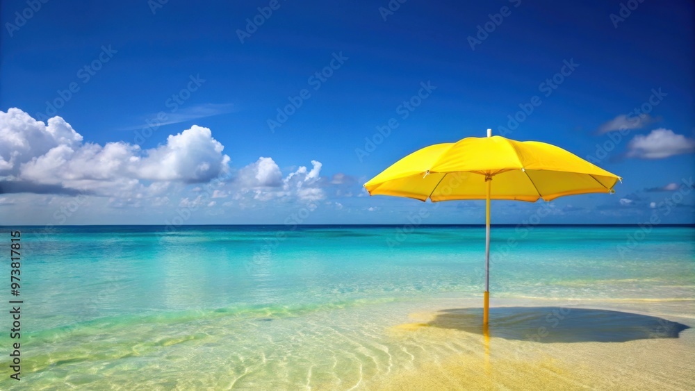 Yellow beach umbrella standing in the crystal clear blue Caribbean sea, beach, umbrella, yellow, Caribbean, sea Yellow beach umbrella standing in the crystal clear blue Caribbean sea, beach, umbrella, yellow, Caribbean, sea