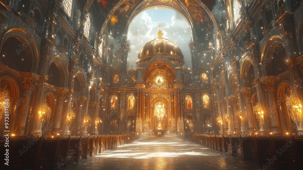 Obraz premium Majestic interior of a grand cathedral with light and decor.