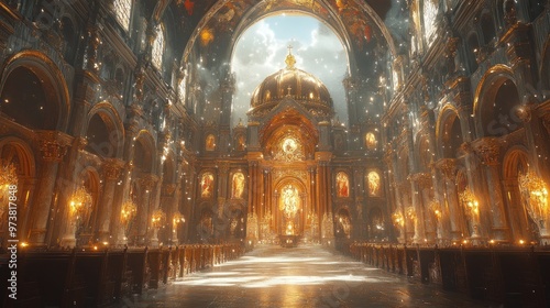 Majestic interior of a grand cathedral with light and decor.