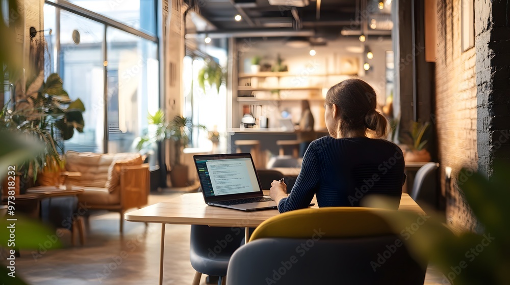 Open office with people working on laptops, and a coffee Open office with people working on laptops, and a coffee