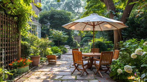 Done viwe London garden in summer with patio, wooden garden furniture and a parasol or sun umbrella