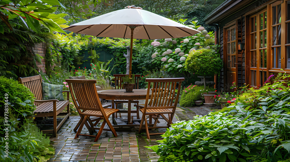 Done viwe London garden in summer with patio, wooden garden furniture and a parasol or sun umbrella Done viwe London garden in summer with patio, wooden garden furniture and a parasol or sun umbrella