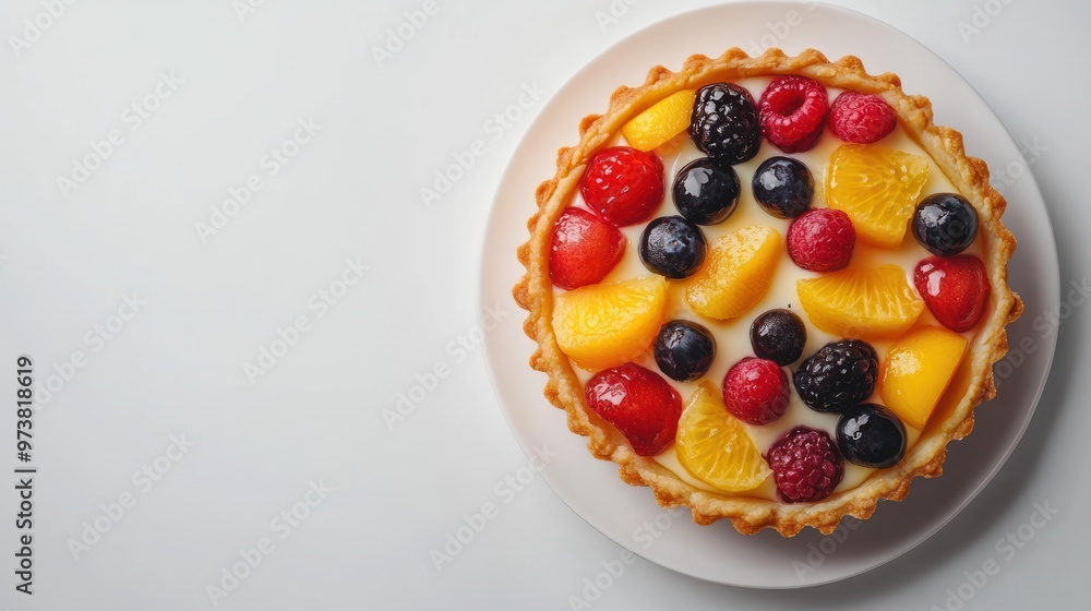 A top view of a delicious fruit tart with a variety of fresh berries, peaches, and a creamy filling. The tart is on a white plate against a white background. A top view of a delicious fruit tart with a variety of fresh berries, peaches, and a creamy filling. The tart is on a white plate against a white background.