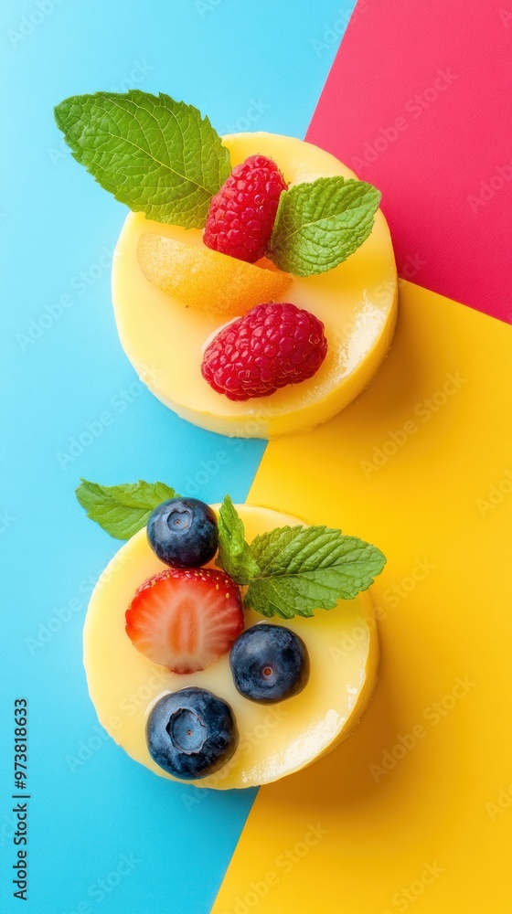 Two yellow pudding desserts topped with fresh berries and mint leaves on a colorful background. Two yellow pudding desserts topped with fresh berries and mint leaves on a colorful background.