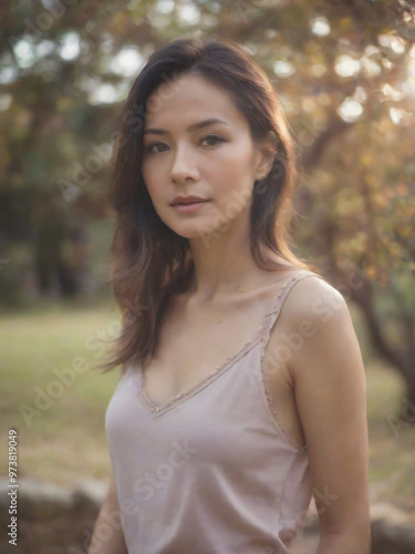 A stunning 40-year-old woman stands in a half-body shot, wearing an elegant top. Her flawless features are beautifully illuminated by warm, soft lighting, set against a serene natural background, crea