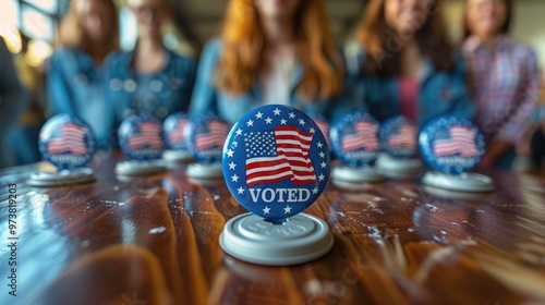 Closeup of an attractive woman holding up her "I VOTED" with American flag button while standing in line to cast vote.