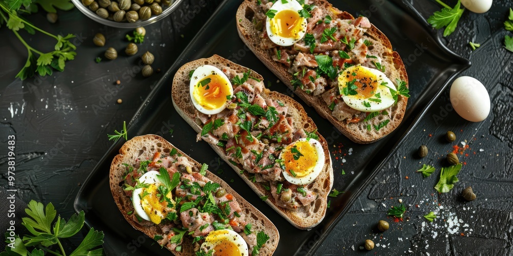 Wholemeal bread topped with tartar, adorned with quail eggs, capers, and herbs, presented in an elegant black tray from above. Wholemeal bread topped with tartar, adorned with quail eggs, capers, and herbs, presented in an elegant black tray from above.